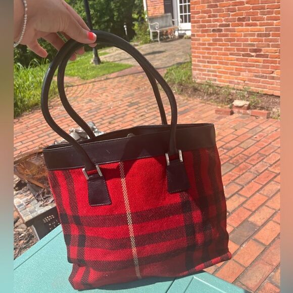 Burberry Nova Check Wool Plaid Leather Tote - Picture 3 of 9